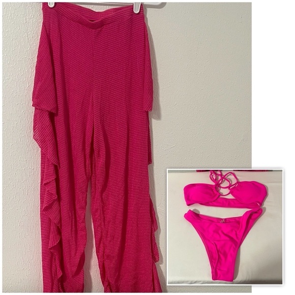 Women’s Size Small NWOT Chic Hot Pink Swimsuit and Coverup Pants Vacation Beach - Picture 1 of 9